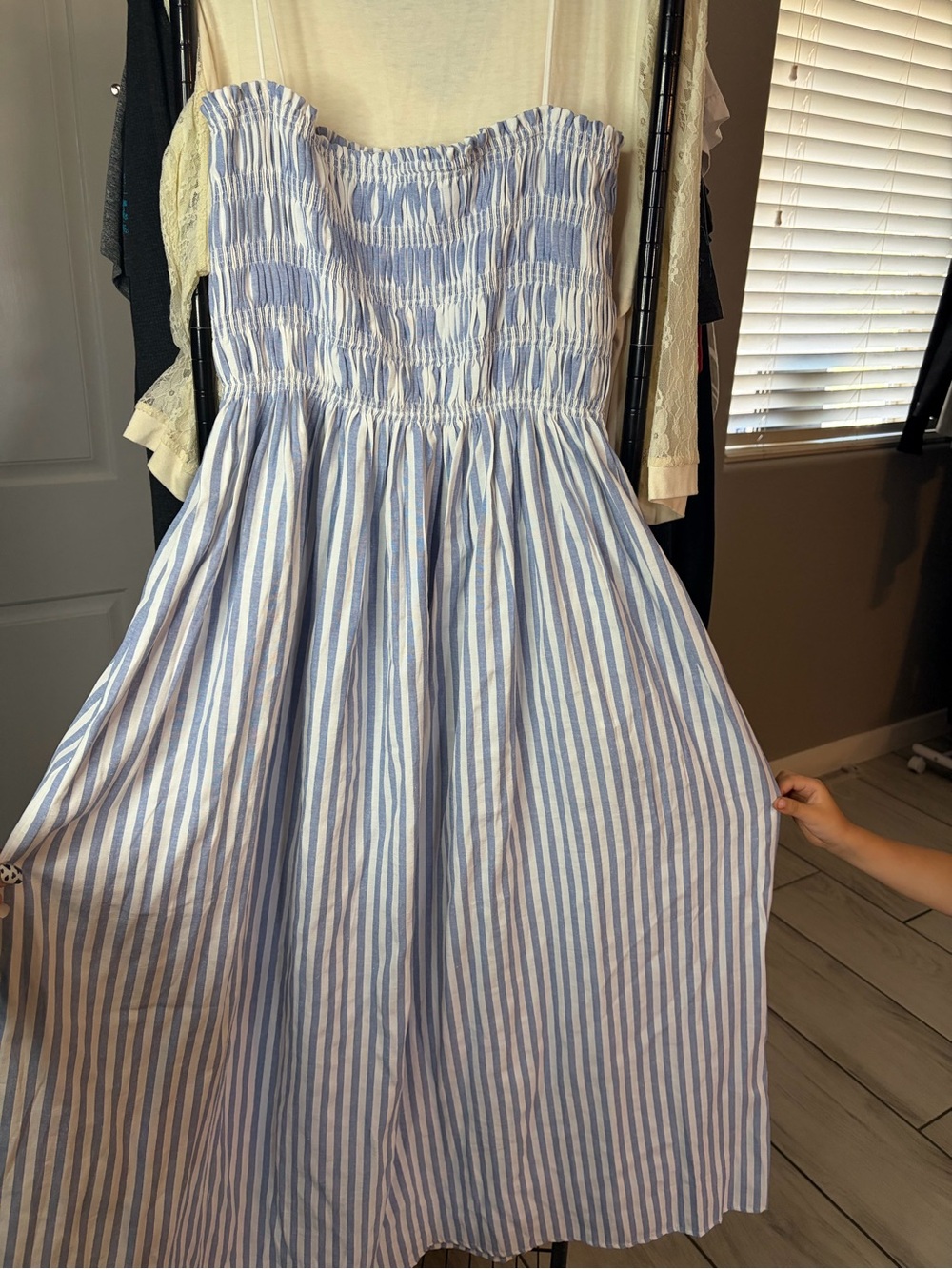 Commense Blue & White Strapless Smocked Midi Dress